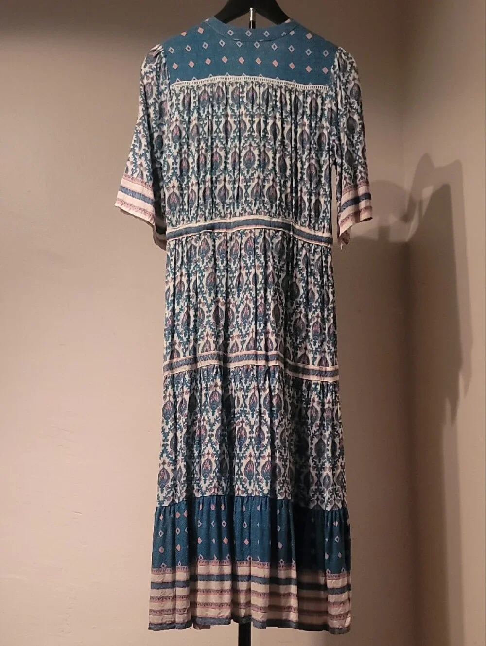 Free People Boho Chic Button-Front Midi Dress in Teal Pink and White